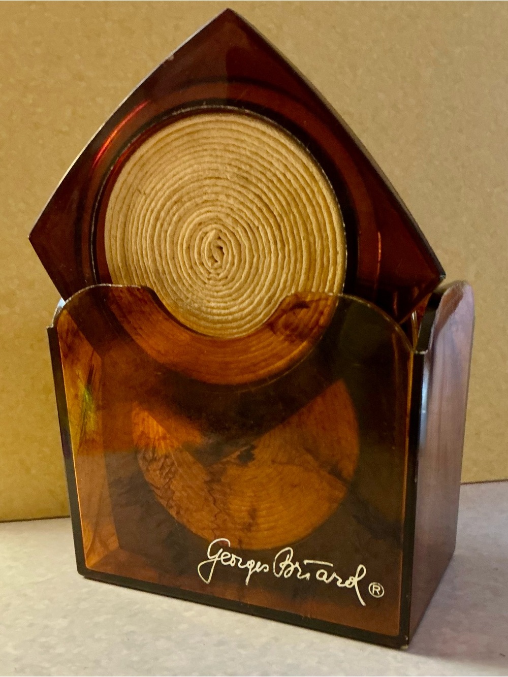 Vintage Coaster Holder Set Georges Briard Faux Tortoise Shell Lucite Raffia MCM